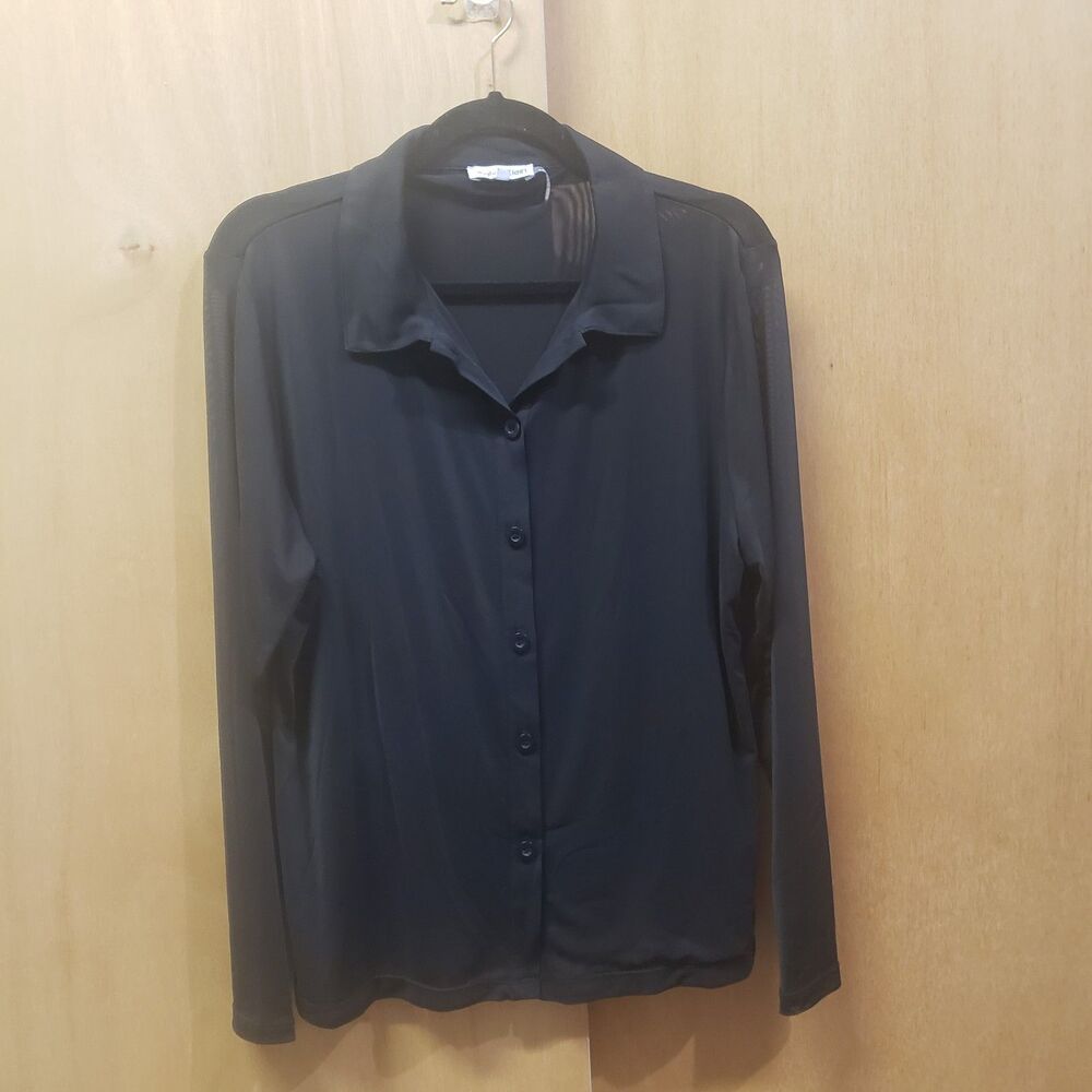 Calvin Klein Women black see thru button down long sleeves blouse Sz L WWW